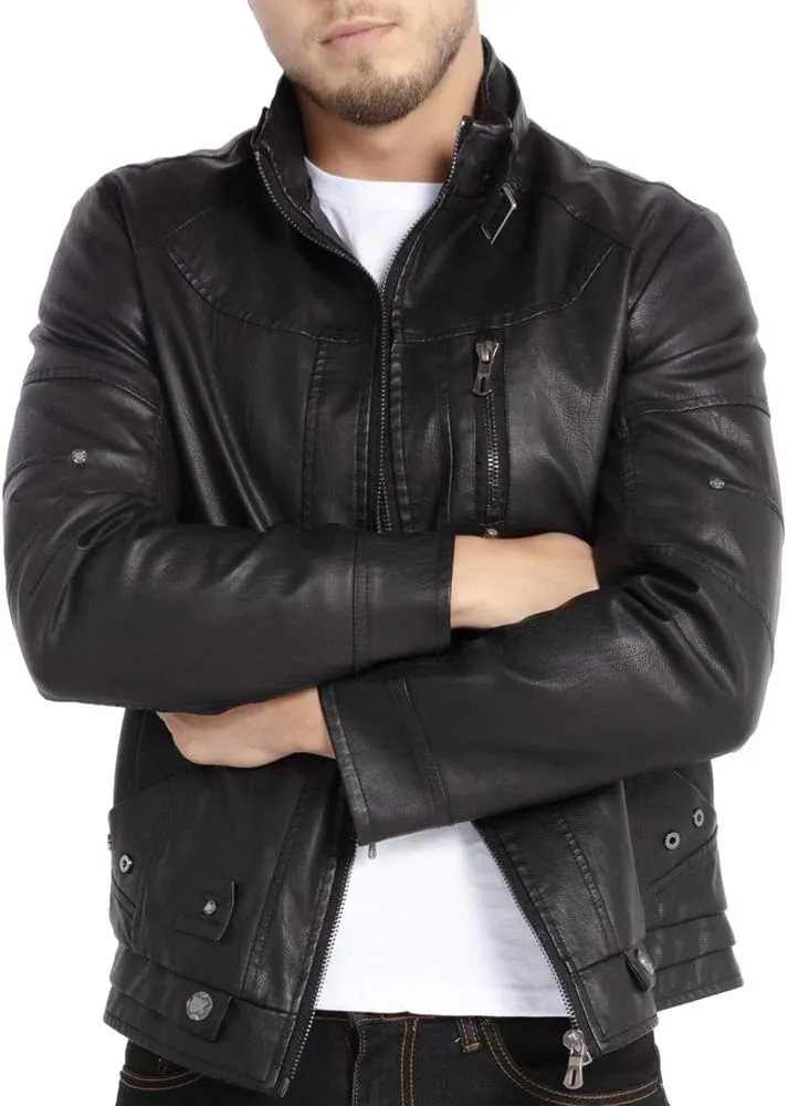 WULFUL Men's Vintage Stand Collar Leather Jacket Motorcycle PU Jacket and Coat