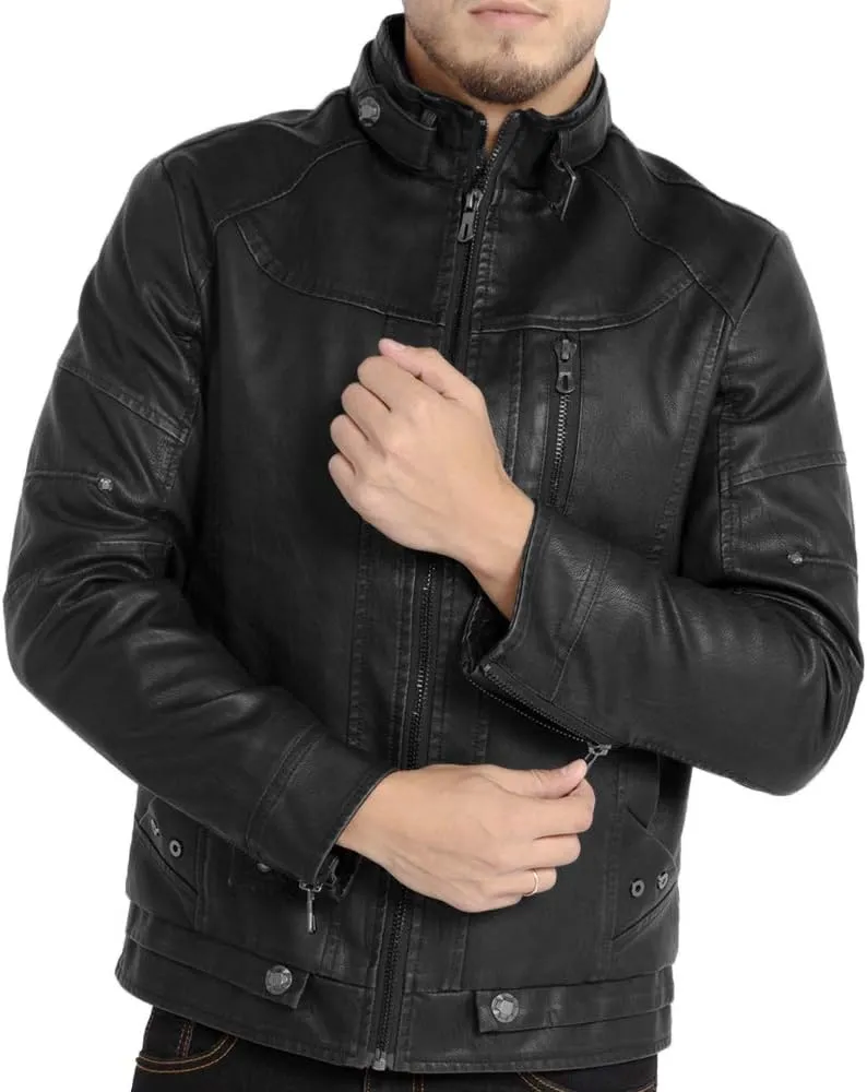 WULFUL Men's Vintage Stand Collar Leather Jacket Motorcycle PU Jacket and Coat