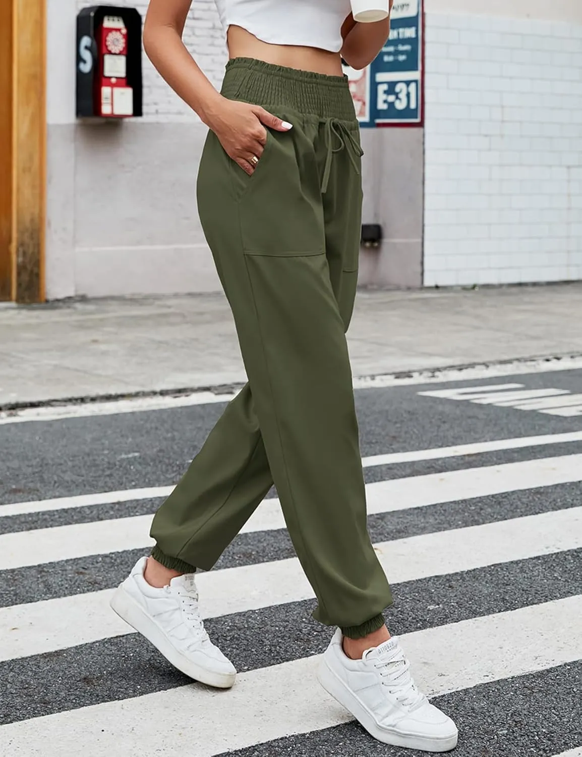 Wyeysyt Women's Casual Pants Elastic High Waist Harem Trousers with Pockets
