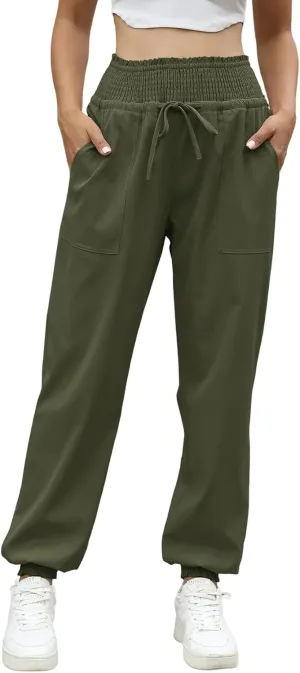 Wyeysyt Women's Casual Pants Elastic High Waist Harem Trousers with Pockets