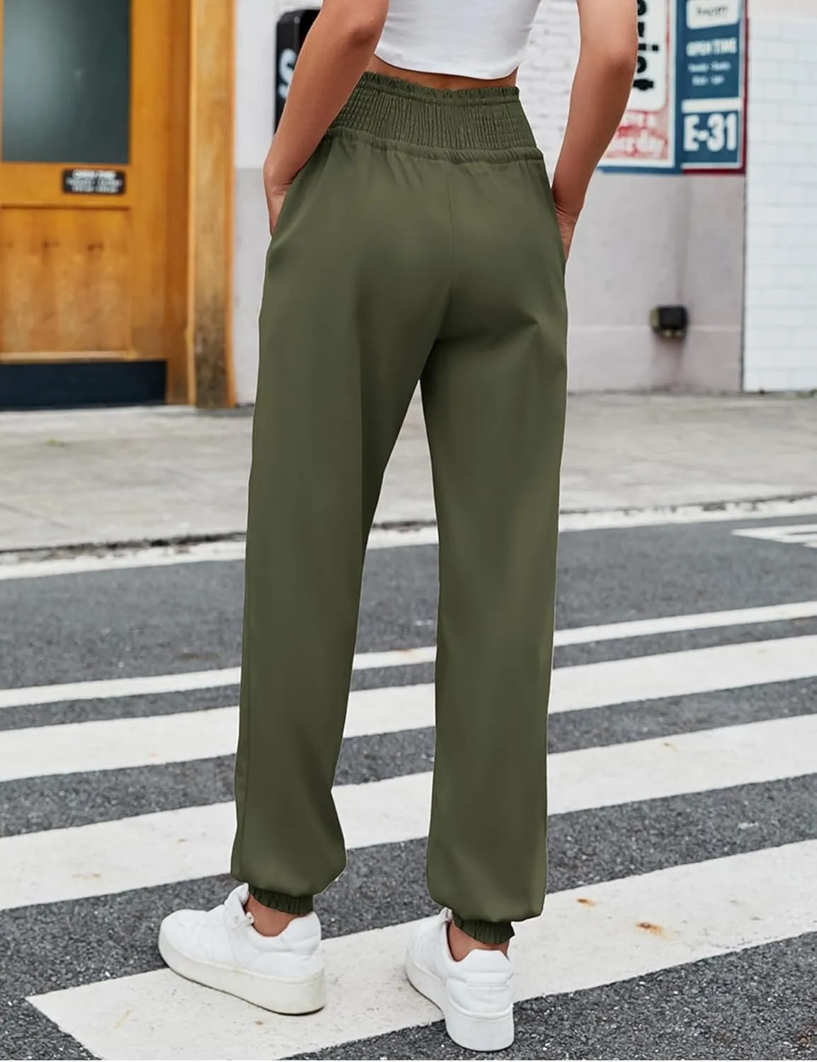 Wyeysyt Women's Casual Pants Elastic High Waist Harem Trousers with Pockets