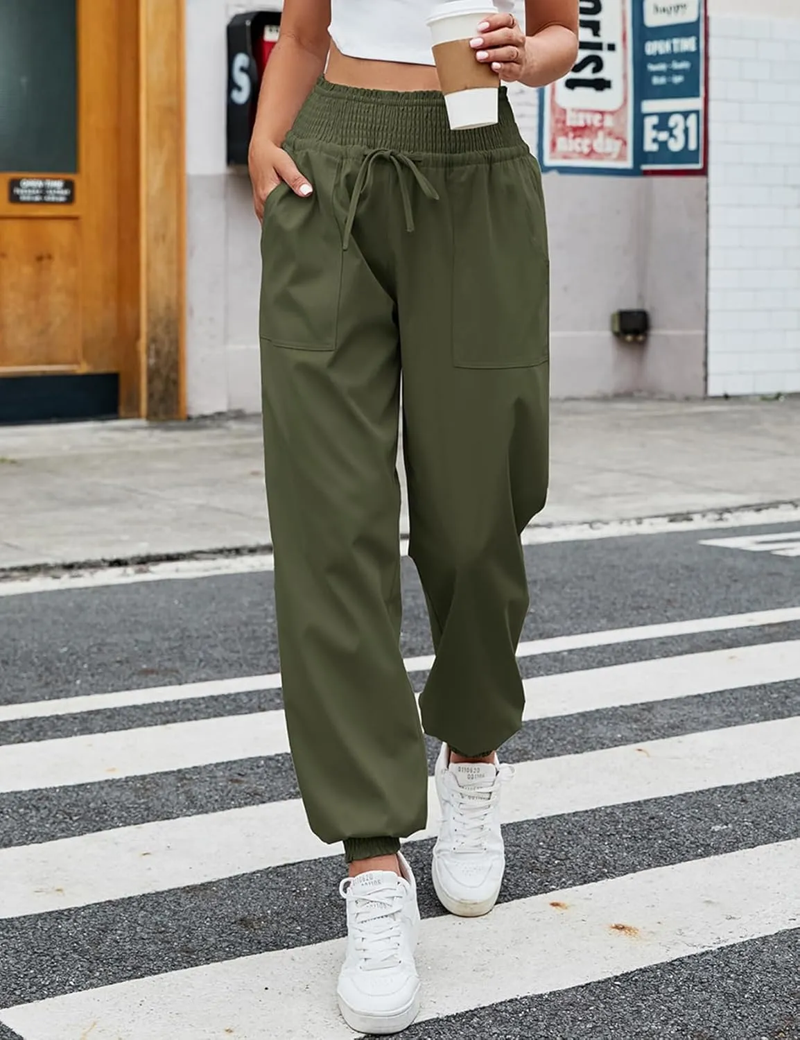 Wyeysyt Women's Casual Pants Elastic High Waist Harem Trousers with Pockets