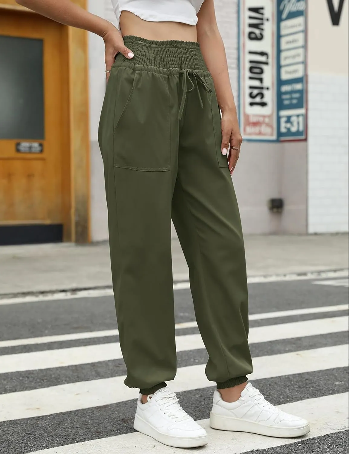 Wyeysyt Women's Casual Pants Elastic High Waist Harem Trousers with Pockets