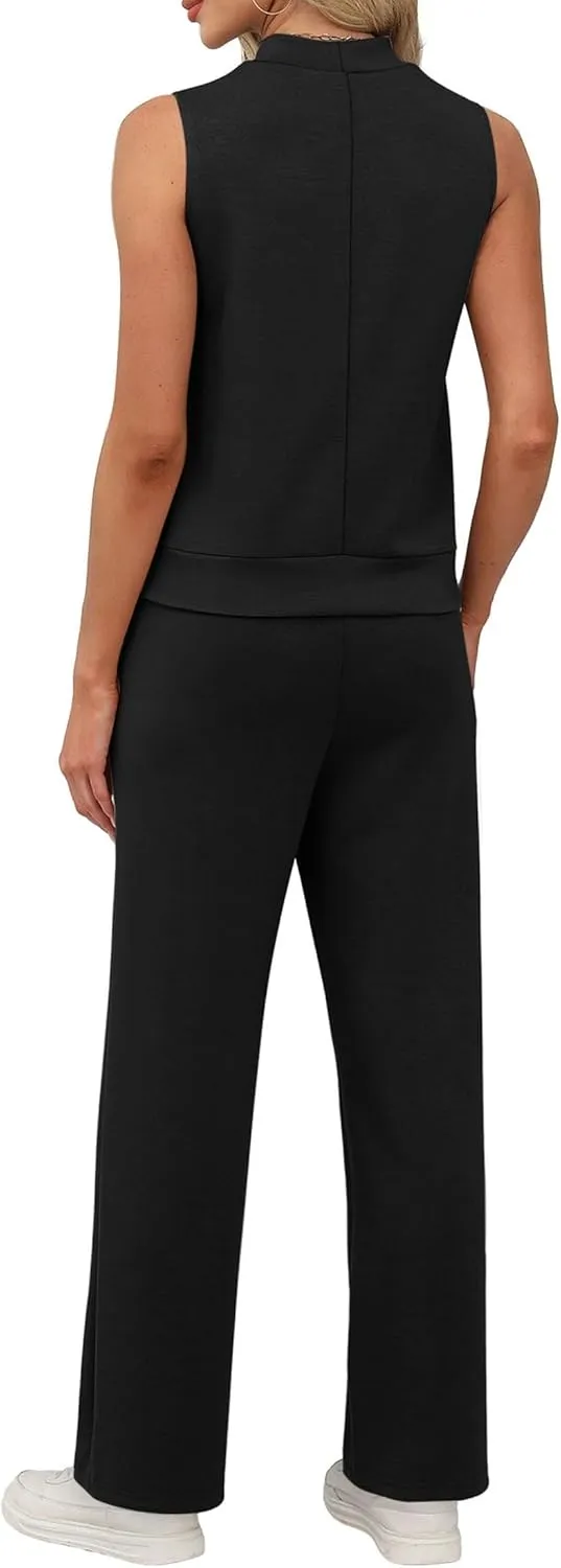 XIEERDUO Two Piece Sets for Women Summer Outfits Travel Mock Neck Lounge Sets Wide Leg Pants Beach Vacation Clothes