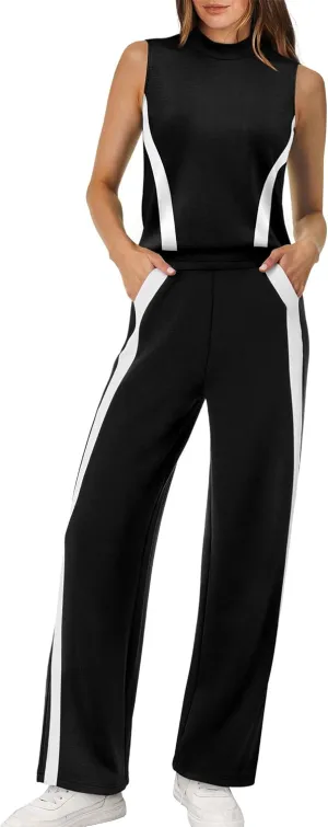 XIEERDUO Two Piece Sets for Women Summer Outfits Travel Mock Neck Lounge Sets Wide Leg Pants Beach Vacation Clothes