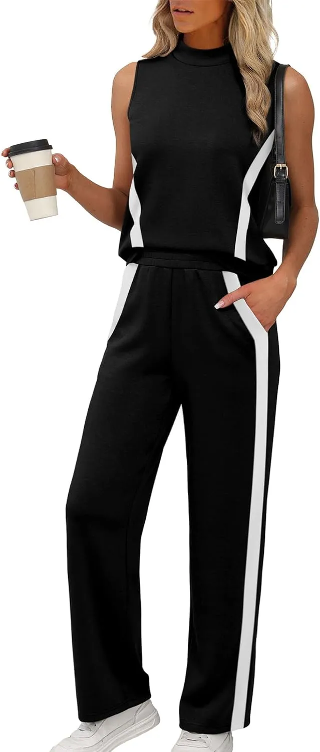 XIEERDUO Two Piece Sets for Women Summer Outfits Travel Mock Neck Lounge Sets Wide Leg Pants Beach Vacation Clothes