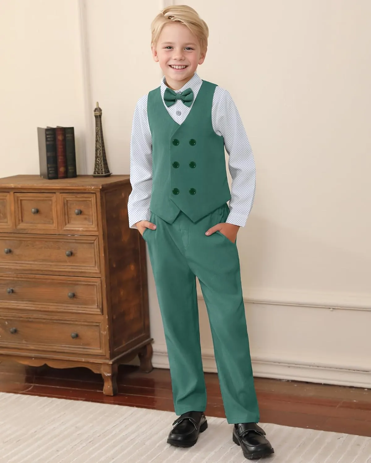 YALLET Boy Clothes Suits, Formal Dress Shirt with Bowtie Vest Suspender Pants Big Kid Gentleman Wedding Outfits 6-10 Years