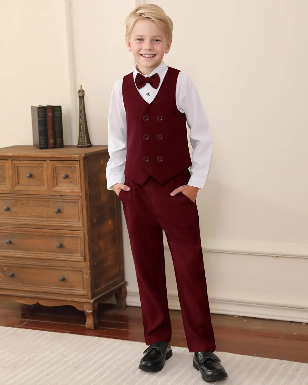 YALLET Boy Clothes Suits, Formal Dress Shirt with Bowtie Vest Suspender Pants Big Kid Gentleman Wedding Outfits 6-10 Years