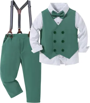 YALLET Boy Clothes Suits, Formal Dress Shirt with Bowtie Vest Suspender Pants Big Kid Gentleman Wedding Outfits 6-10 Years