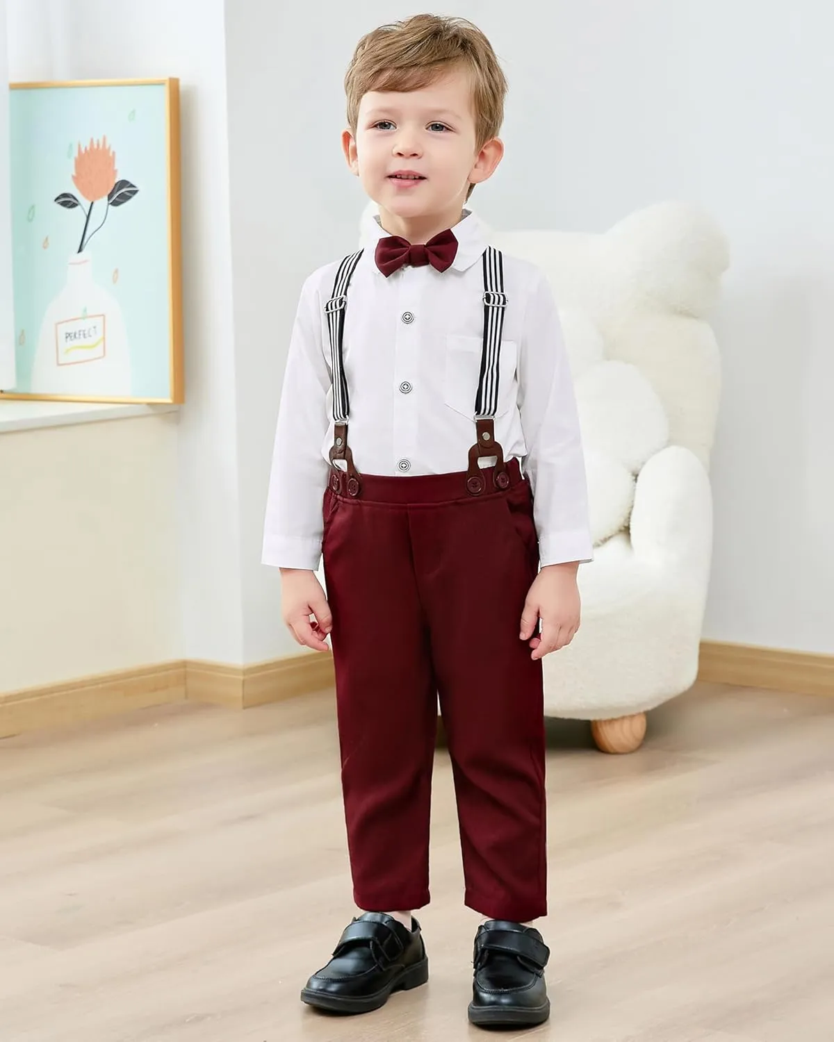 YALLET Boy Clothes Suits, Formal Dress Shirt with Bowtie Vest Suspender Pants Big Kid Gentleman Wedding Outfits 6-10 Years