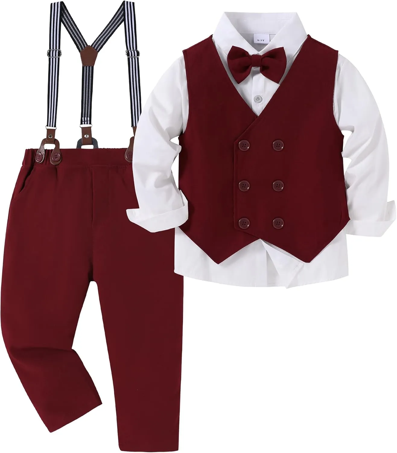 YALLET Boy Clothes Suits, Formal Dress Shirt with Bowtie Vest Suspender Pants Big Kid Gentleman Wedding Outfits 6-10 Years