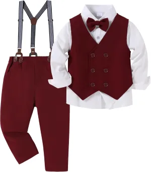 YALLET Boy Clothes Suits, Formal Dress Shirt with Bowtie Vest Suspender Pants Big Kid Gentleman Wedding Outfits 6-10 Years