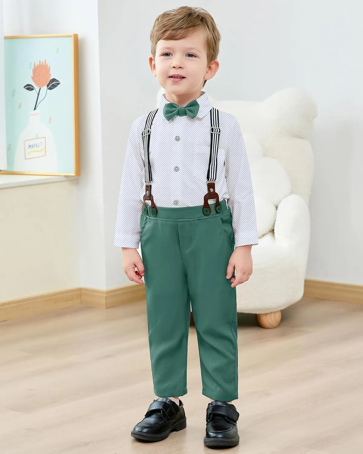 YALLET Boy Clothes Suits, Formal Dress Shirt with Bowtie Vest Suspender Pants Big Kid Gentleman Wedding Outfits 6-10 Years
