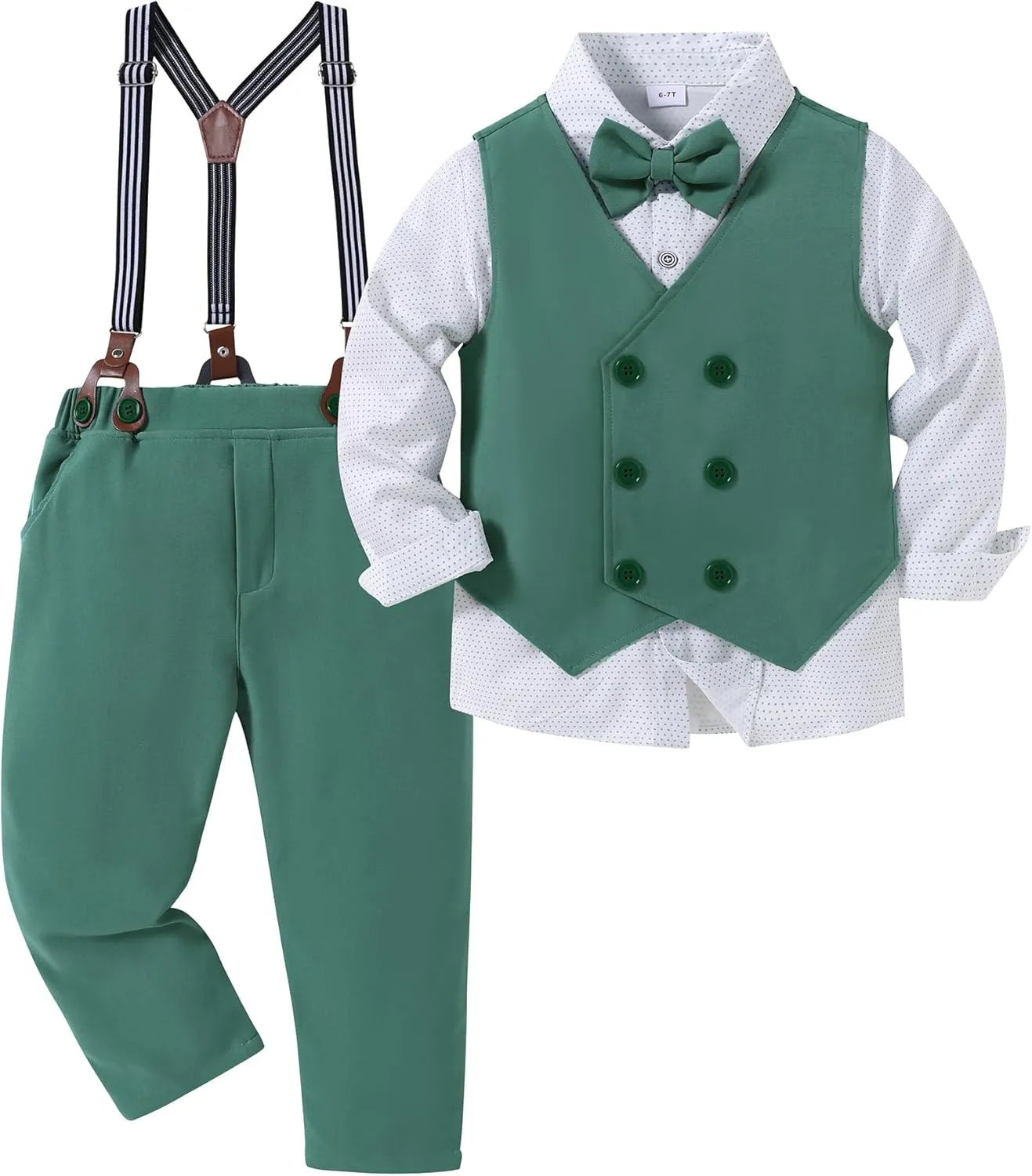YALLET Boy Clothes Suits, Formal Dress Shirt with Bowtie Vest Suspender Pants Big Kid Gentleman Wedding Outfits 6-10 Years