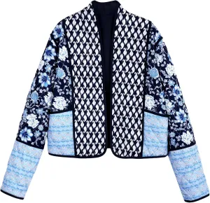 Yimoon Women's Quilted Jacket Lightweight Floral Print Cropped Puffer Coat Short Padded Open Front Winter Outwear