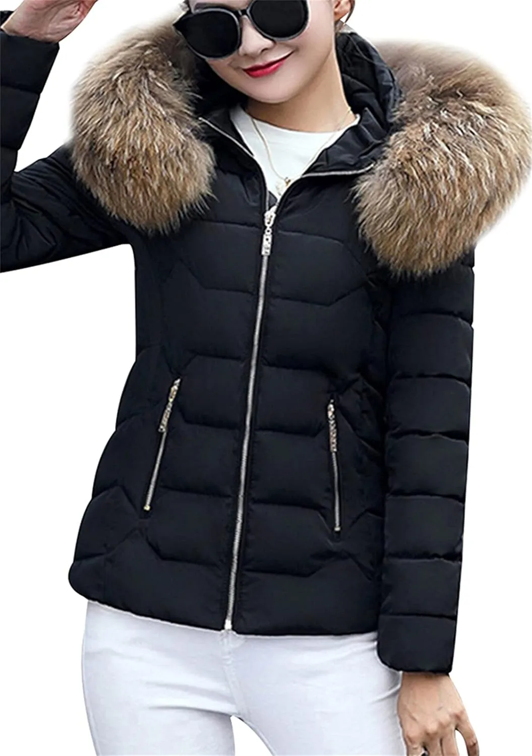 YMING Womens Winter Warm Down Coat Quilted Parka Jacket Oversized Puffer Outwear with Faux Fur Hood