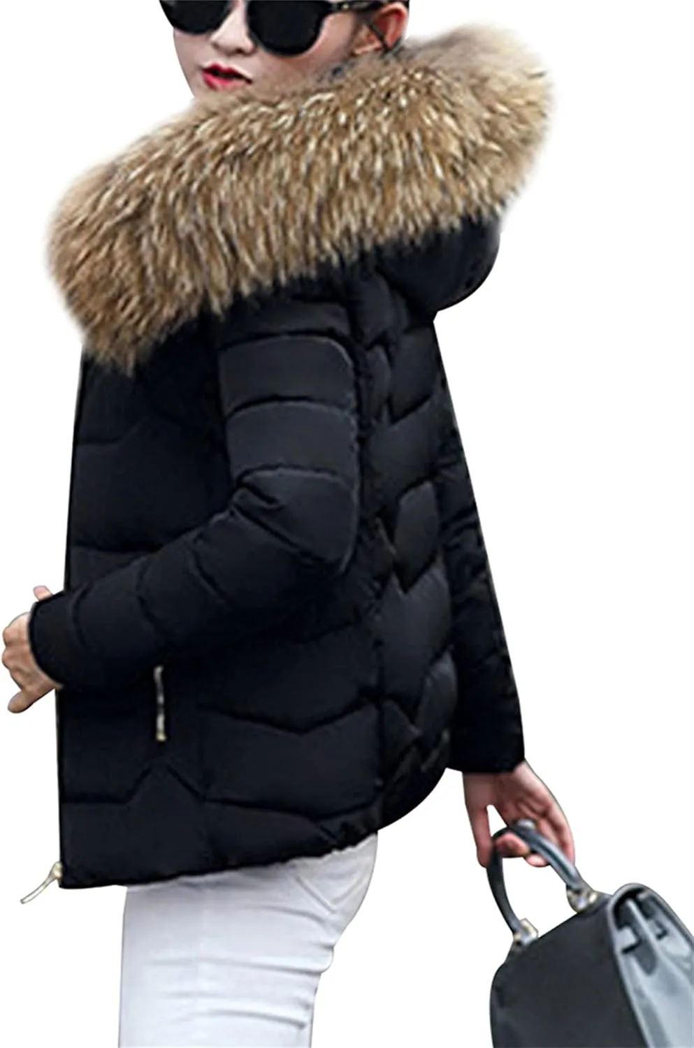 YMING Womens Winter Warm Down Coat Quilted Parka Jacket Oversized Puffer Outwear with Faux Fur Hood