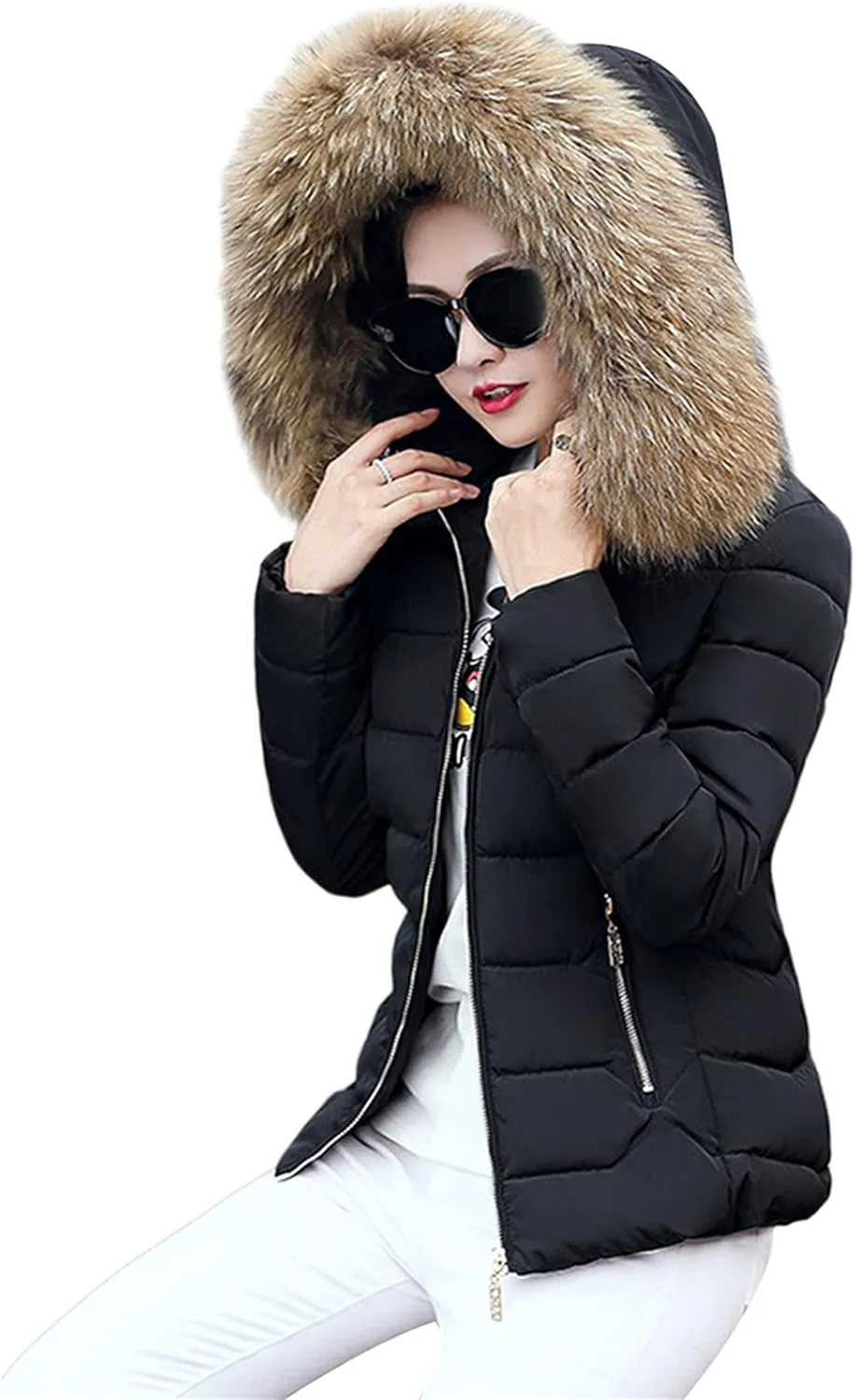 YMING Womens Winter Warm Down Coat Quilted Parka Jacket Oversized Puffer Outwear with Faux Fur Hood