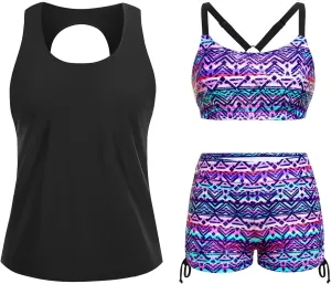 Yonique 3 Piece Womens Tankini Swimsuits with Shorts Athletic Bathing Suits Tank Tops with Bra and Boyshorts