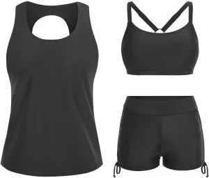 Yonique 3 Piece Womens Tankini Swimsuits with Shorts Athletic Bathing Suits Tank Tops with Bra and Boyshorts