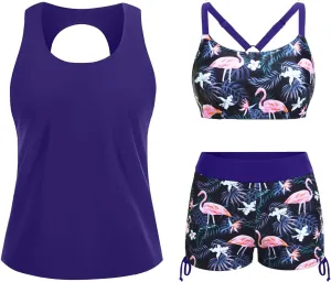 Yonique 3 Piece Womens Tankini Swimsuits with Shorts Athletic Bathing Suits Tank Tops with Bra and Boyshorts