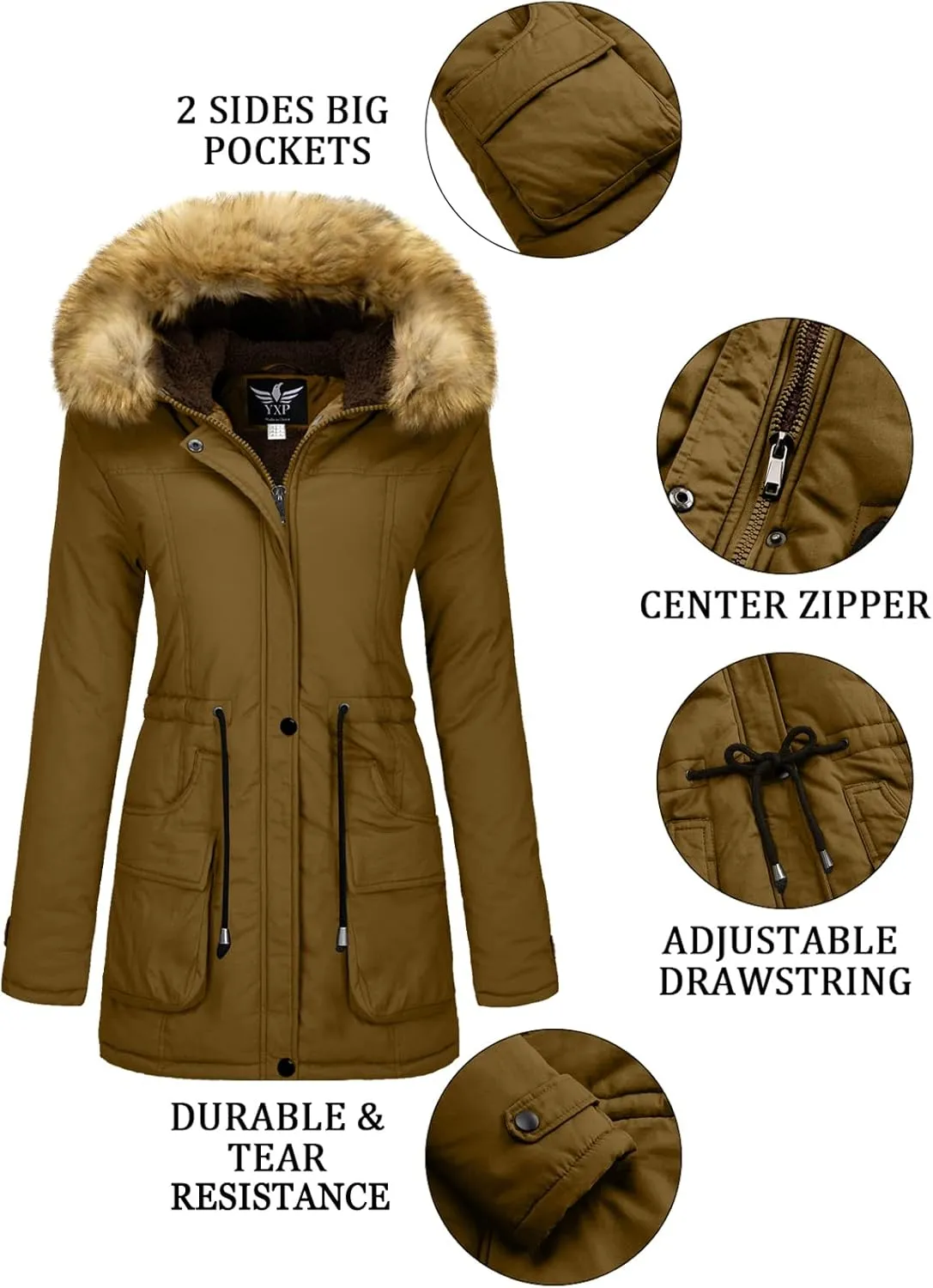 YXP Women's Winter Thicken Military Parka Jacket Warm Fleece Cotton Coat with Fur Hood