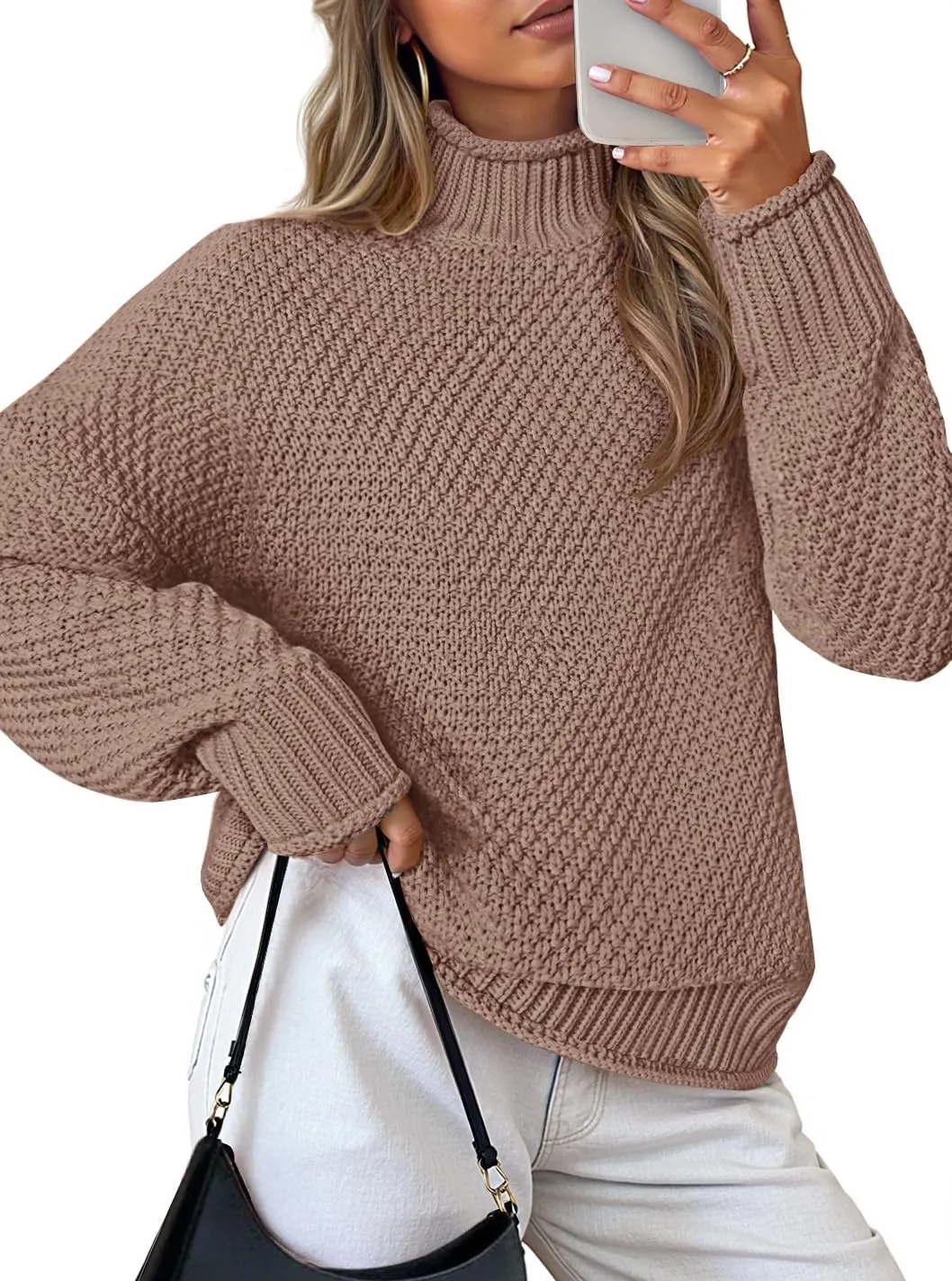 ZESICA Women's Turtleneck Batwing Sleeve Loose Oversized Chunky Knitted Pullover Sweater Jumper Tops
