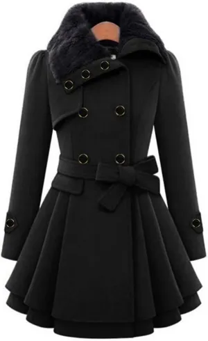 ZYXTIM Fleece Jacket for Women Plus Size Mid-Long Wool Trench Coat Faux Fur Lapel Double-Breasted Pea Coat with Belted