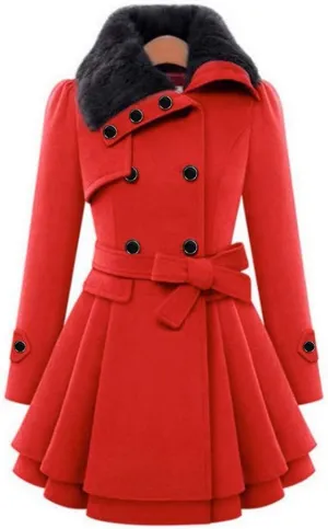 ZYXTIM Fleece Jacket for Women Plus Size Mid-Long Wool Trench Coat Faux Fur Lapel Double-Breasted Pea Coat with Belted