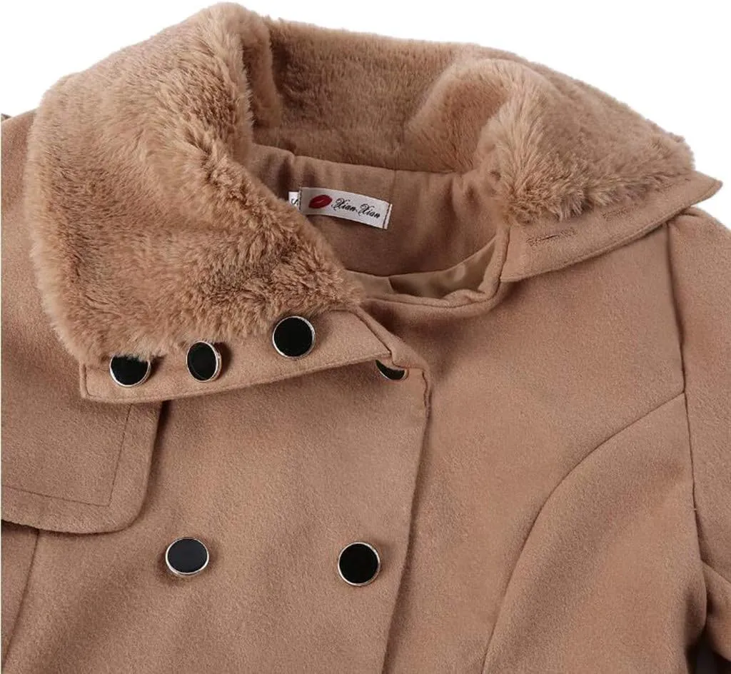 ZYXTIM Fleece Jacket for Women Plus Size Mid-Long Wool Trench Coat Faux Fur Lapel Double-Breasted Pea Coat with Belted