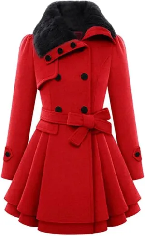 ZYXTIM Fleece Jacket for Women Plus Size Mid-Long Wool Trench Coat Faux Fur Lapel Double-Breasted Pea Coat with Belted