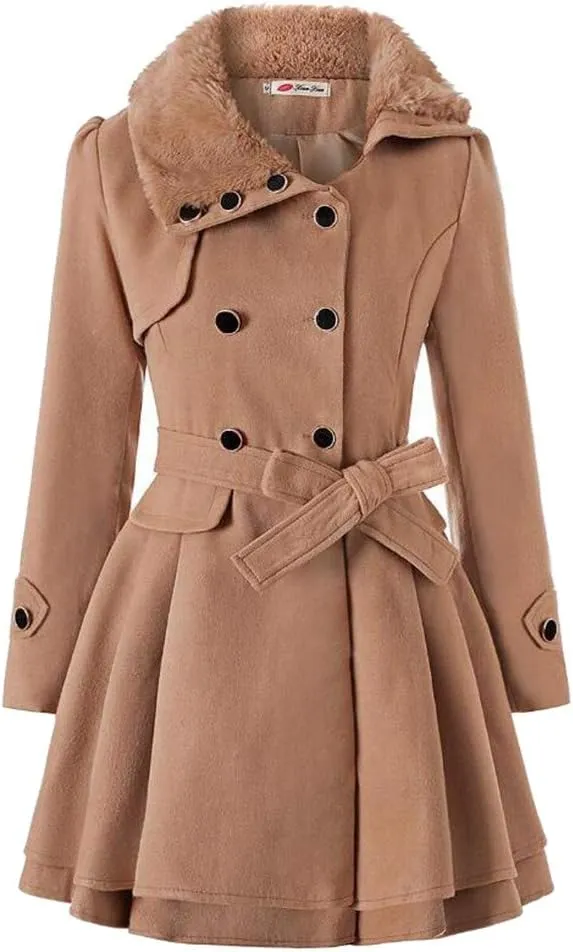 ZYXTIM Fleece Jacket for Women Plus Size Mid-Long Wool Trench Coat Faux Fur Lapel Double-Breasted Pea Coat with Belted