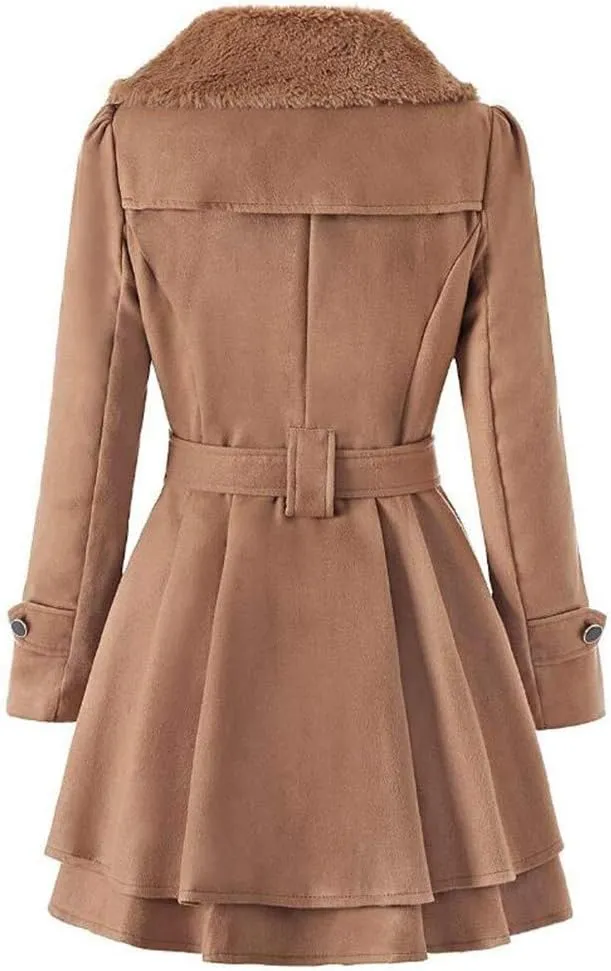ZYXTIM Fleece Jacket for Women Plus Size Mid-Long Wool Trench Coat Faux Fur Lapel Double-Breasted Pea Coat with Belted