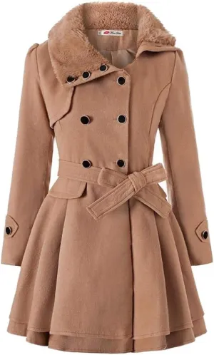 ZYXTIM Fleece Jacket for Women Plus Size Mid-Long Wool Trench Coat Faux Fur Lapel Double-Breasted Pea Coat with Belted
