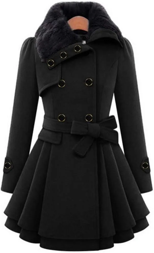 ZYXTIM Fleece Jacket for Women Plus Size Mid-Long Wool Trench Coat Faux Fur Lapel Double-Breasted Pea Coat with Belted