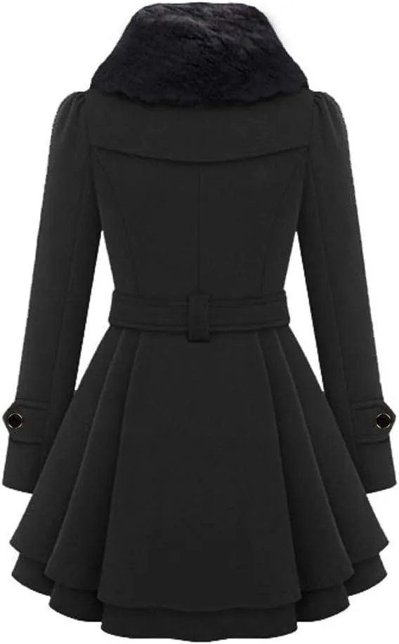 ZYXTIM Fleece Jacket for Women Plus Size Mid-Long Wool Trench Coat Faux Fur Lapel Double-Breasted Pea Coat with Belted